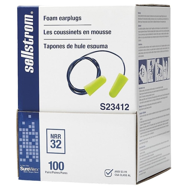 Sellstrom Ear Plugs with Dispenser, Polyurethane Foam, Bullet, Corded, 100 Pairs Per Pkg S23412 - main